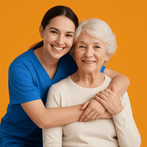 Young female caregiver hugging an elderly woman and smiling against an orange background.