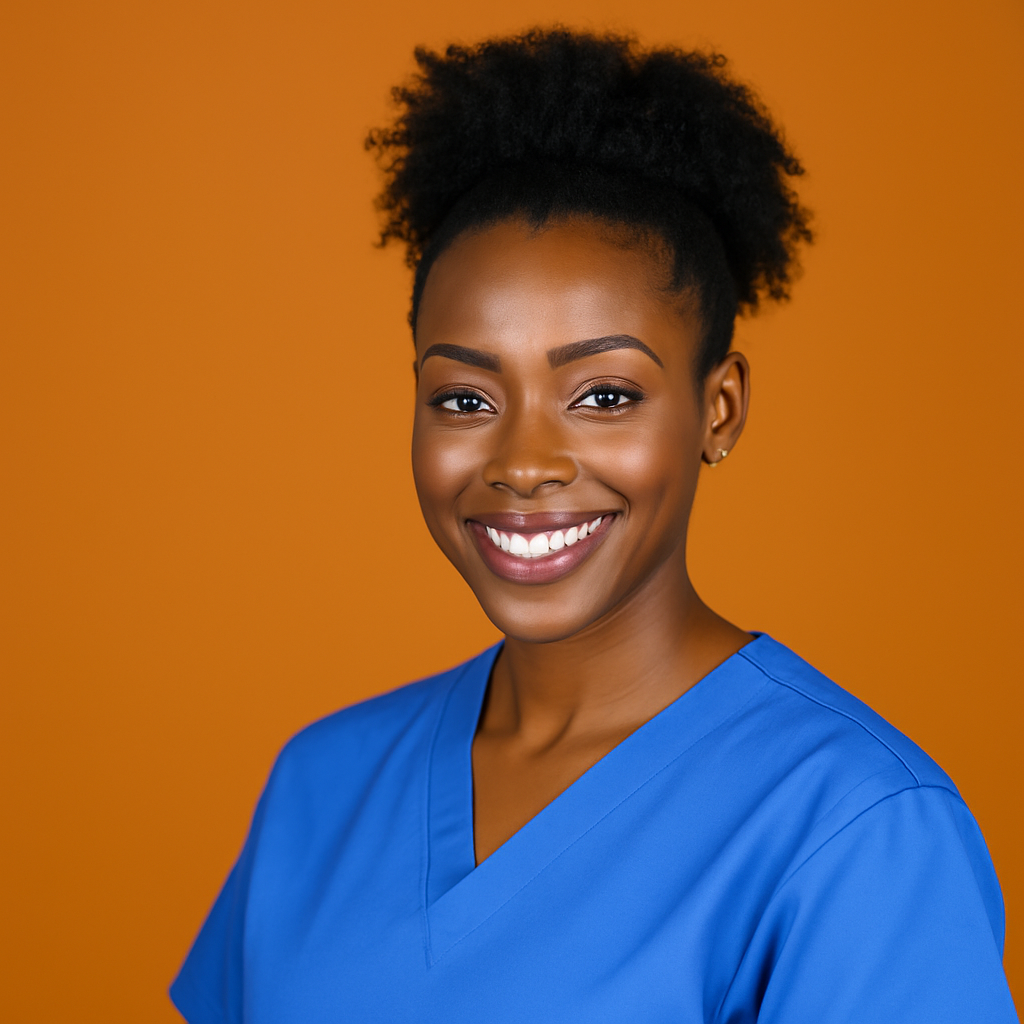 Smiling female caregiver in blue scrubs against an orange background.