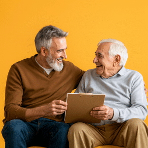 Two men smiling and holding a clipboard together against a yellow background.